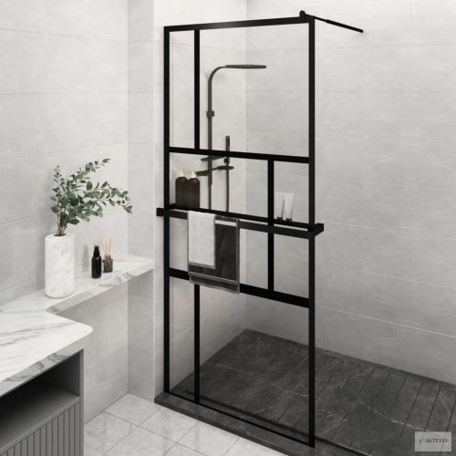 Fekete ESG üveg és alumínium zuhanyfal polccal 90 x 195 cm