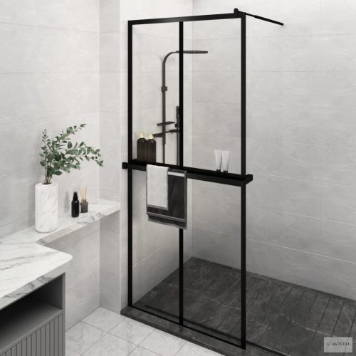 Fekete ESG üveg és alumínium zuhanyfal polccal 100 x 195 cm