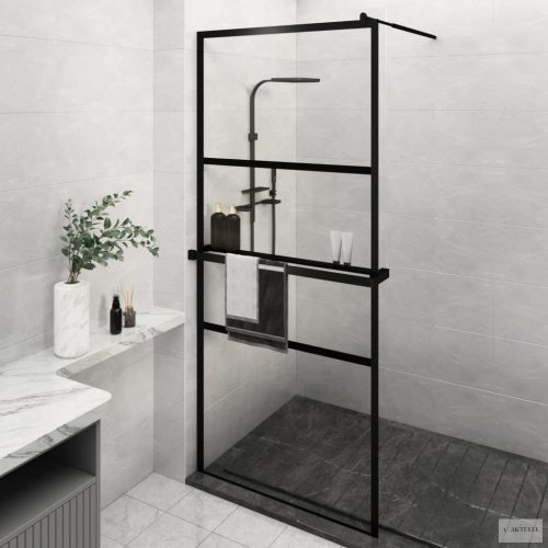 Fekete ESG üveg és alumínium zuhanyfal polccal 100 x 195 cm